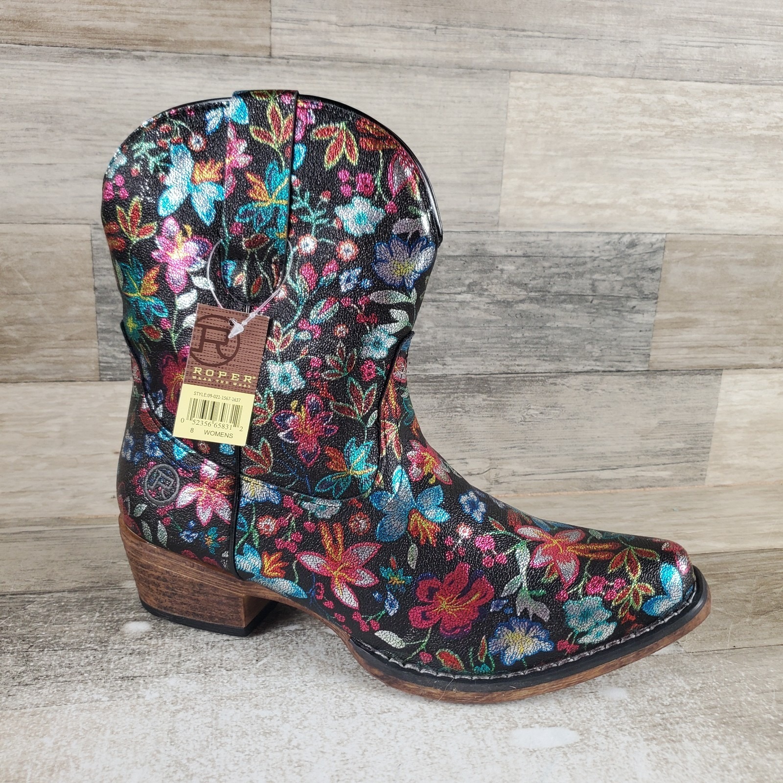 Roper Ingrid Womens Cowboy Boots Sz 8 Black Leather Floral Slip On Mid Top